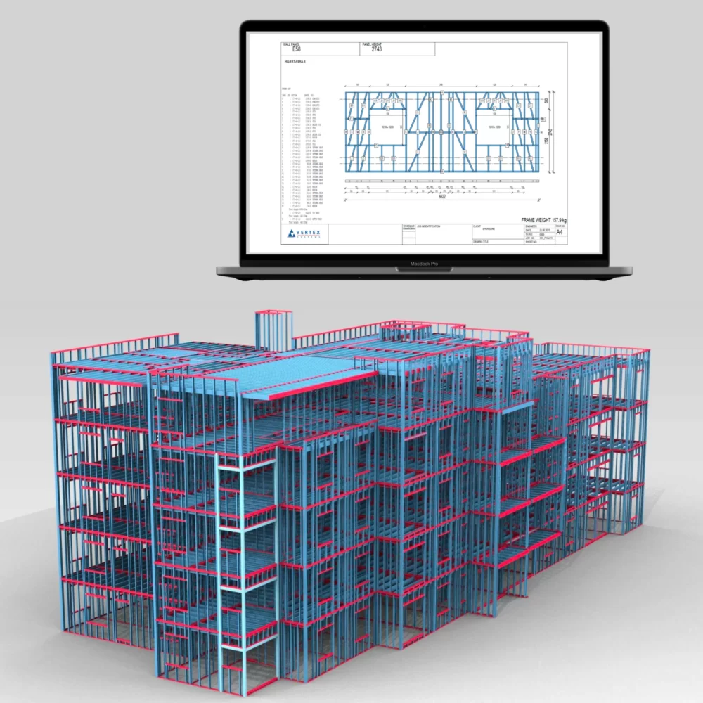 a blue and red frame of a building Steel Framing